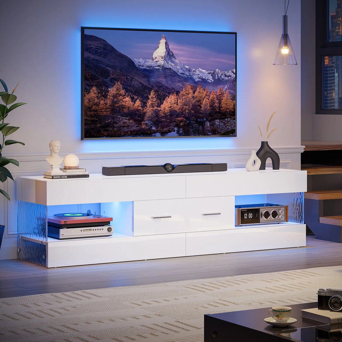 Bestier 60" High Gloss RGB LED TV Stand - Engineered Wood Minimalist Modern Media Console, Pull-Out Storage Drawer, Ripple Texture Acrylic Side Panels, Supports 65" TV, Man Cave Furniture Bestier