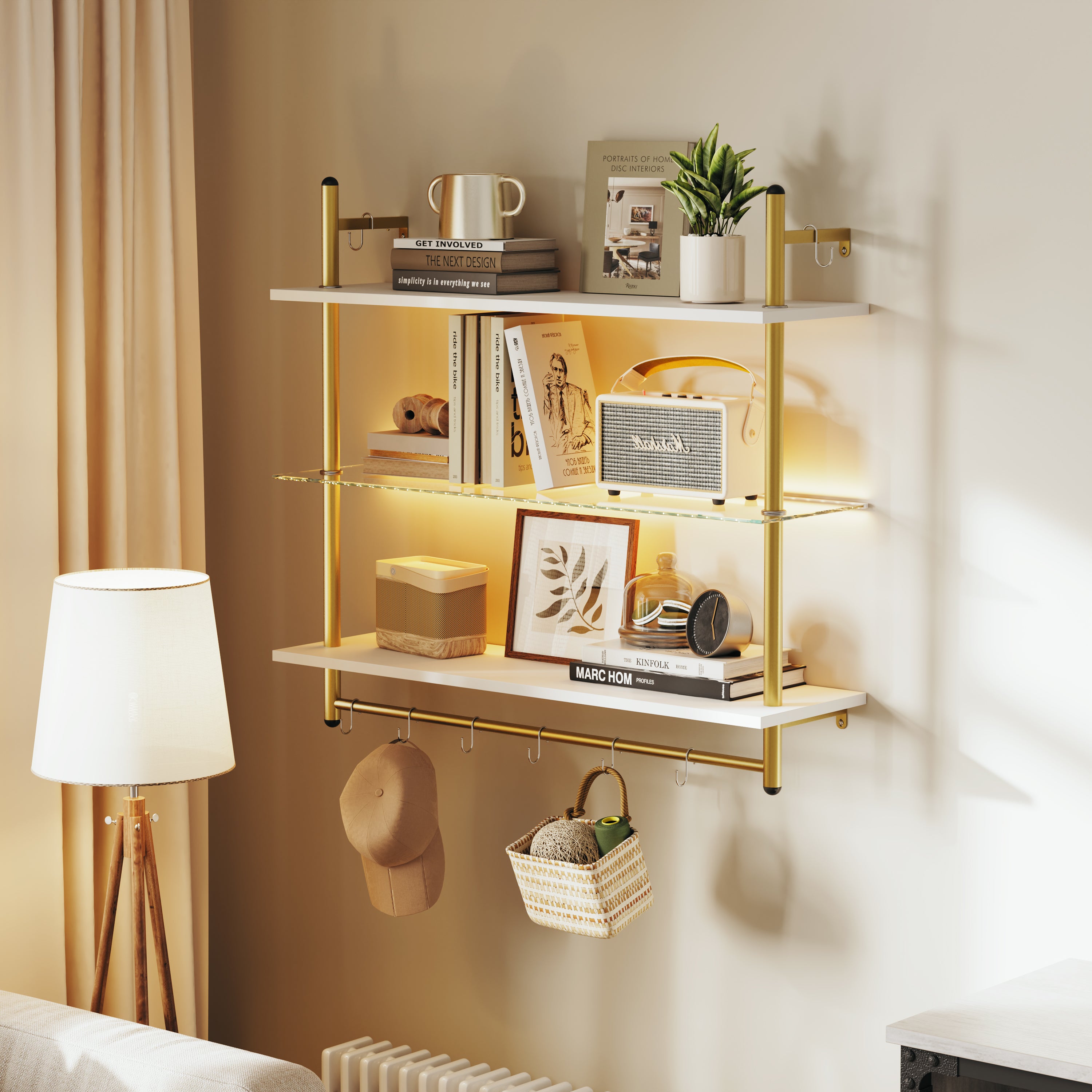 Bestier 41" Floating Shelves with LED Light, 3-Tier Wall-Mounted Wood Shelves with 8 S-Hooks, White Finish & Gold Frame