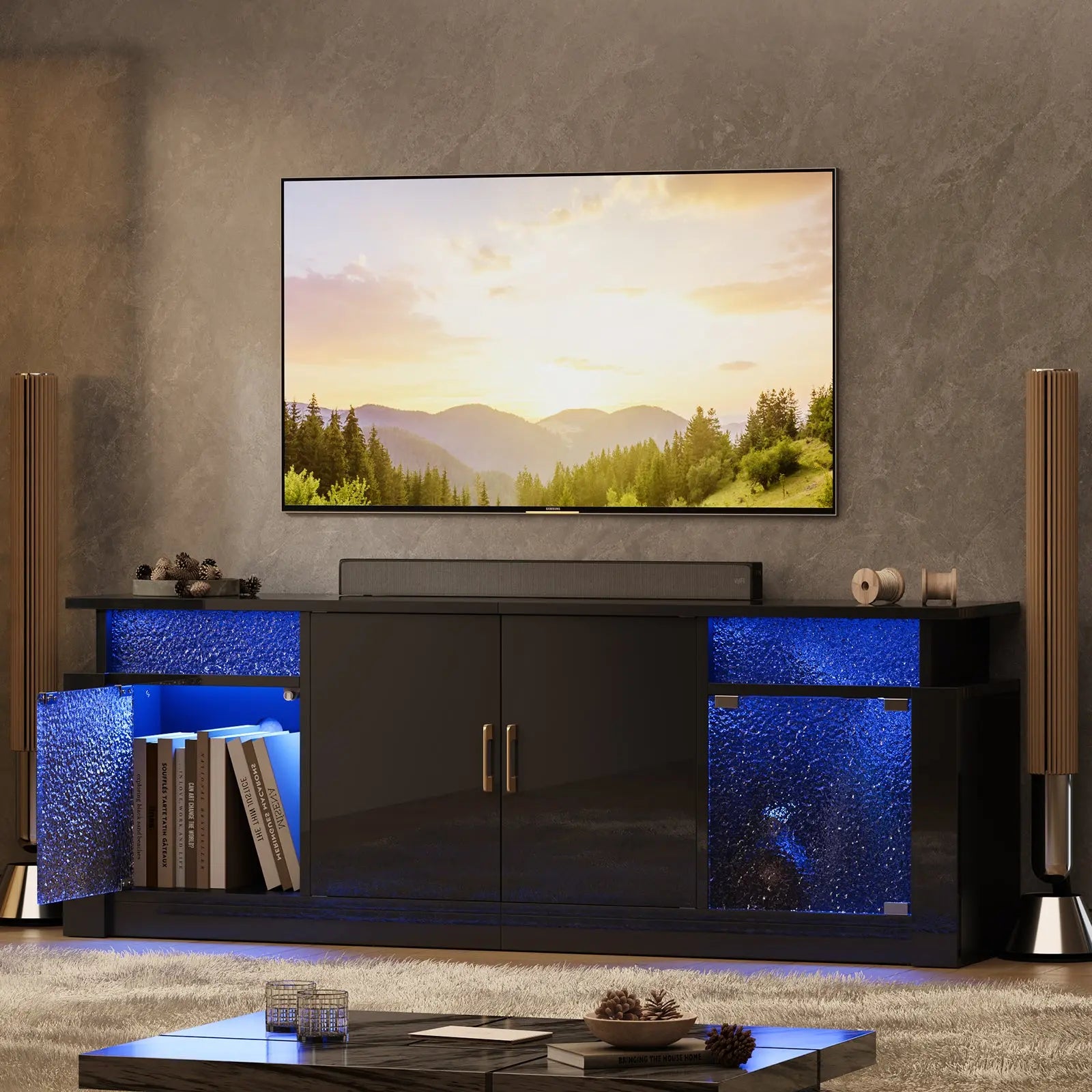 Modern TV Stand for 55-65" TVs, LED-Lit Entertainment Center with Adjustable Shelves, Enclosed Storage & Transparent Acrylic Doors for Living Room & Gaming Rooms Bestier