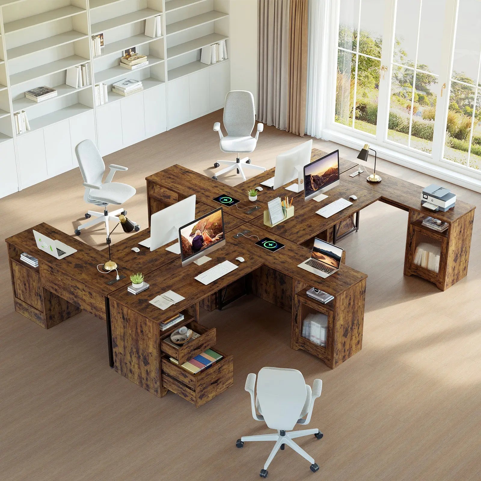 Bestier 63" Farmhouse L Shaped Desk Office Computer Desk with Charging Station & Cabinet, Corner Desk with File Drawers for Home Office Bestier