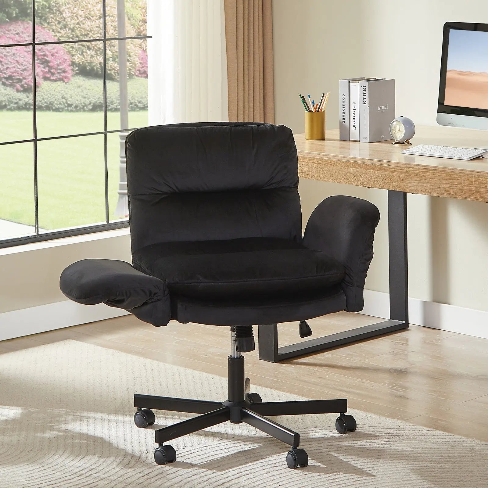 Bestier Ergonomic Cross-Legged Office Chair with Flip-Up Arms, Swivel Wheels & Adjustable Backrest for Computer Office Desk Bestier
