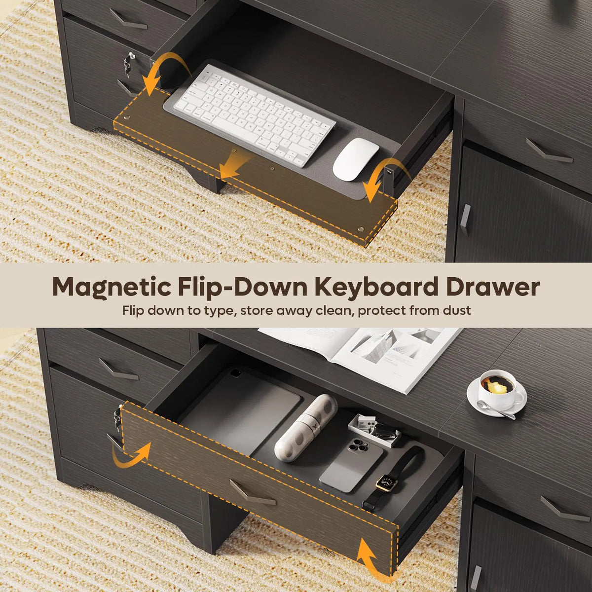 Bestier 59” Office Desk with Lockable Drawers & Charging Station, Black Bestier