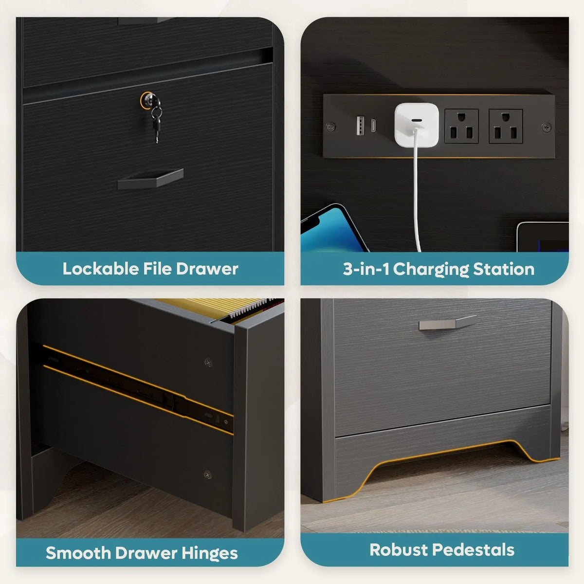Bestier 59” Office Desk with Lockable Drawers & Charging Station, Black Bestier