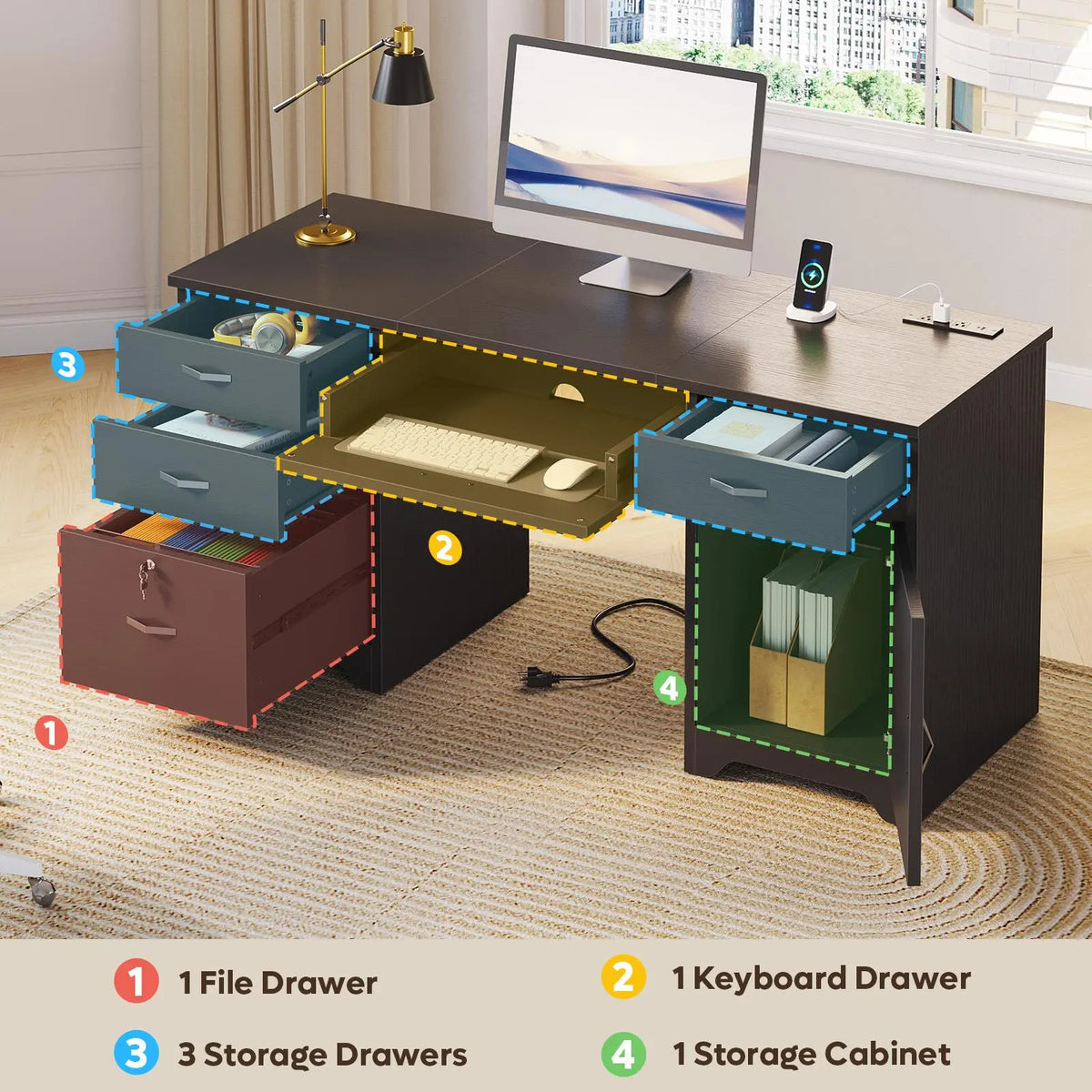 Bestier 59” Office Desk with Lockable Drawers & Charging Station, Black Bestier