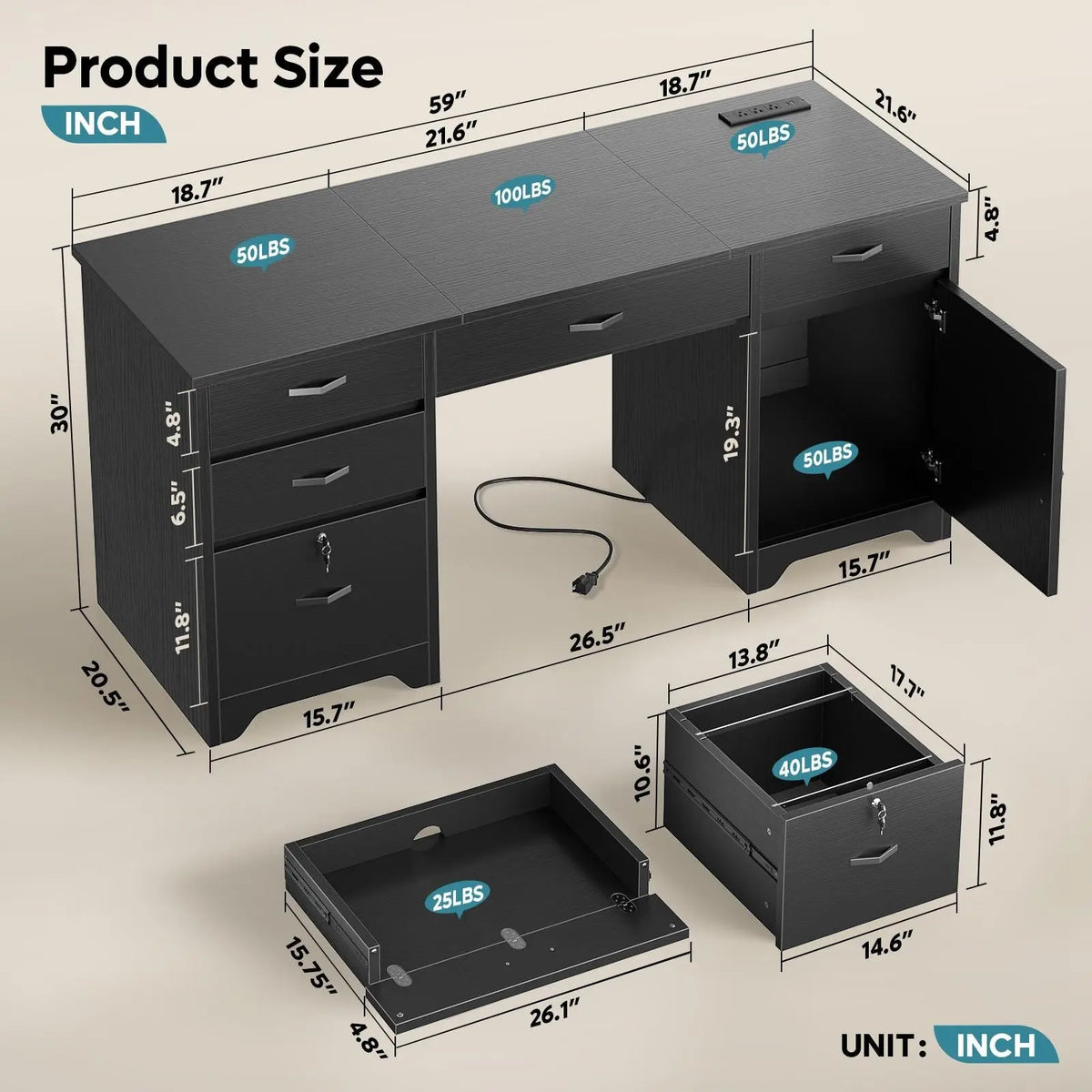 Bestier 59” Office Desk with Lockable Drawers & Charging Station, Black Bestier