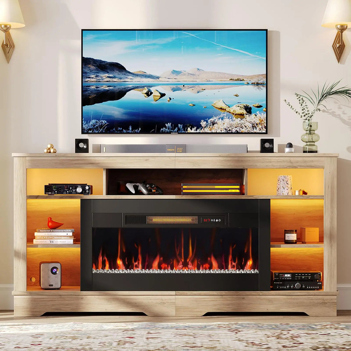 Bestier 70-in Indoor Fireplace TV Stand - RGB Lights, Open Storage, 36-in Insert (Fireplace TV Stands Category), Indoor Use Bestier