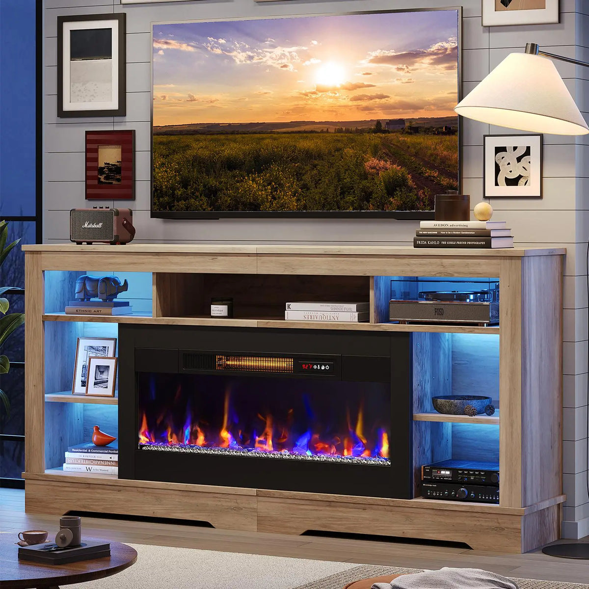 Bestier 70-in Indoor Fireplace TV Stand - RGB Lights, Open Storage, 36-in Insert (Fireplace TV Stands Category), Indoor Use Bestier