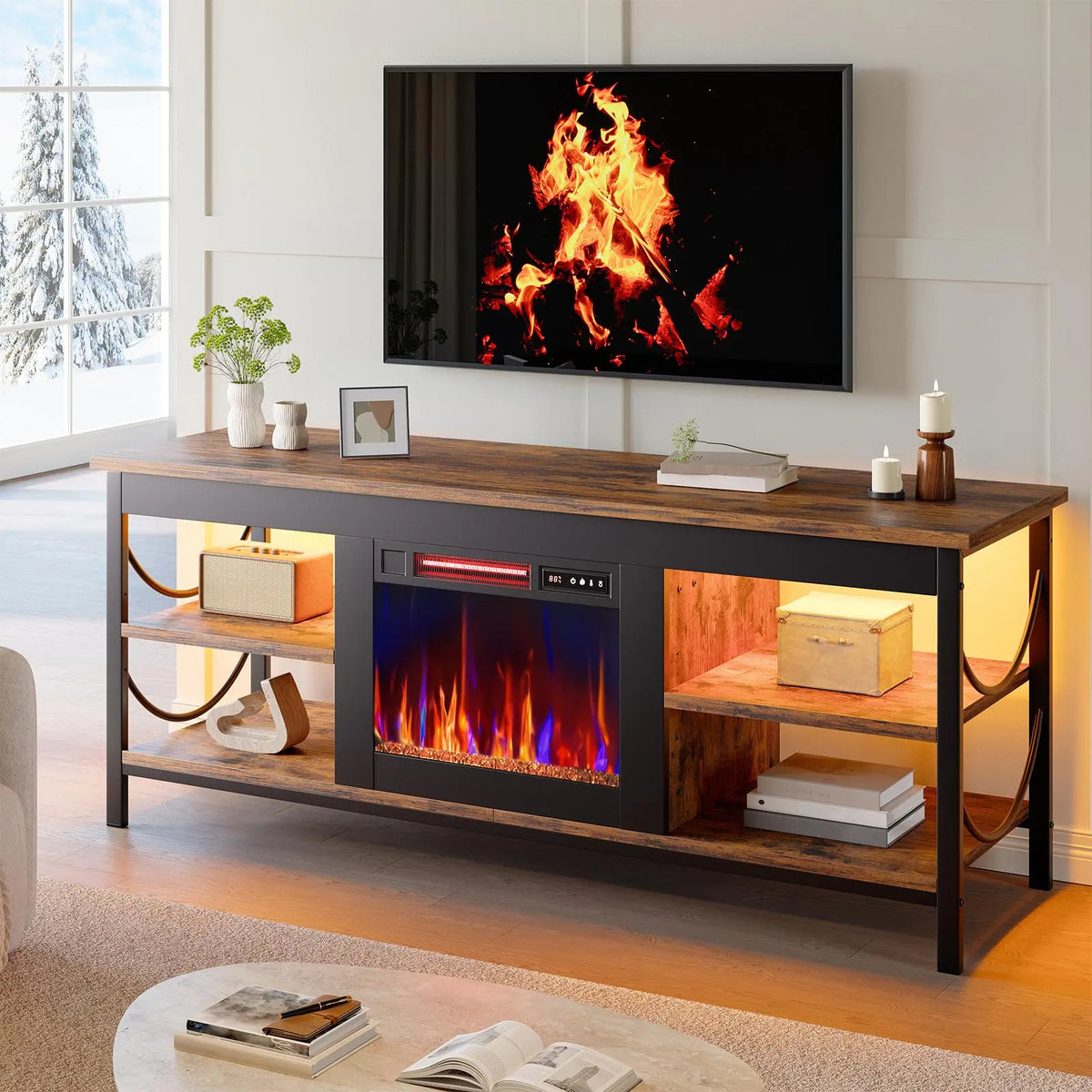 BESTIER 55-Inch Electric Fireplace TV Stand, Gaming Entertainment Center for TVs Up to 65 Inches with Open Storage Shelves Bestier