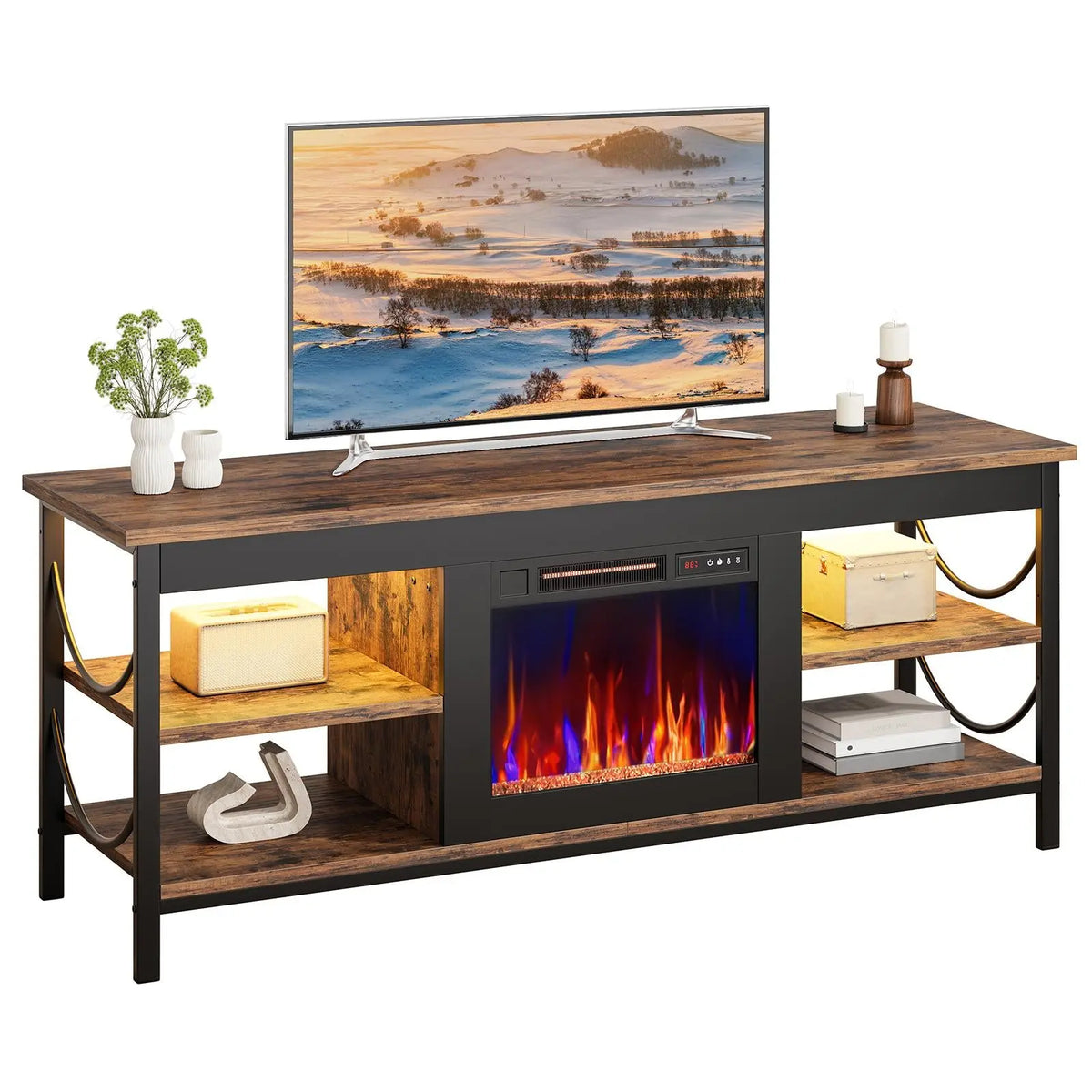BESTIER 55-Inch Electric Fireplace TV Stand, Gaming Entertainment Center for TVs Up to 65 Inches with Open Storage Shelves Bestier