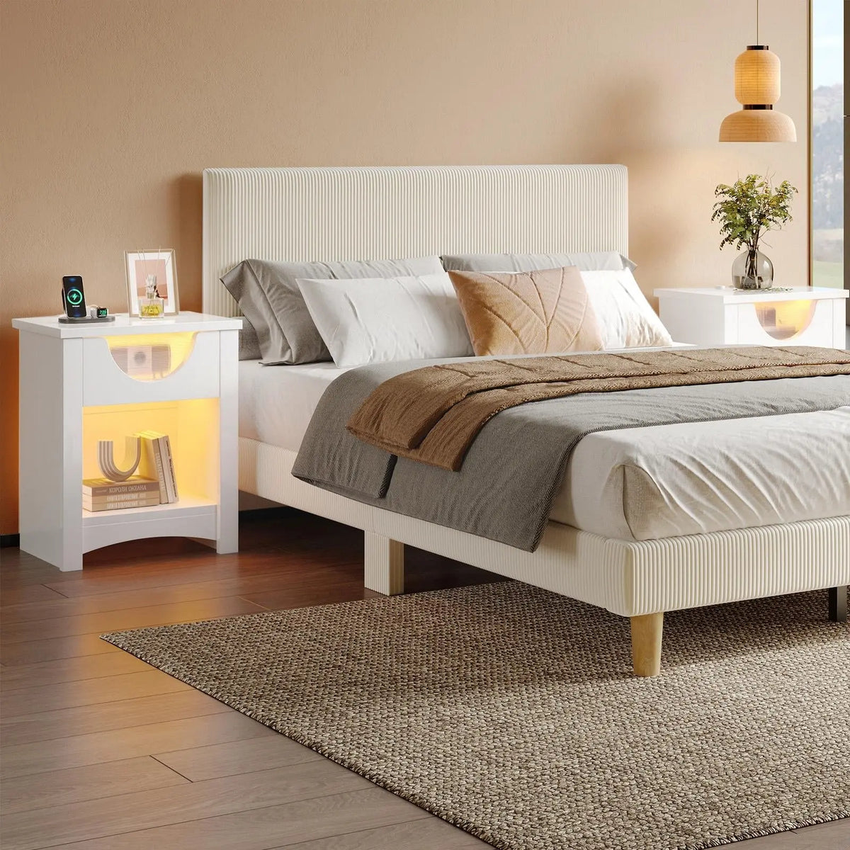 Bestier Nightstands Set of 2 with Charging Station, Modern LED End Table Bedside Table with Drawer for Bedroom, Living Room Bestier