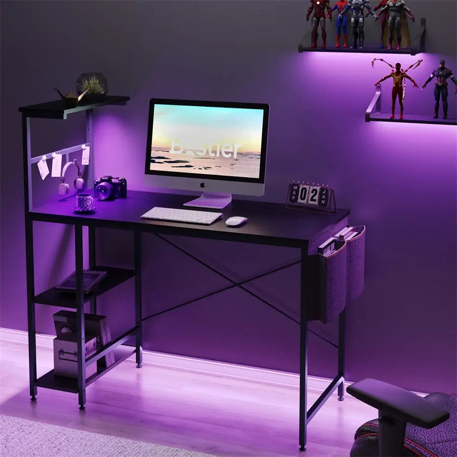 44 inch Computer Desk of black with Bookshelf and Side Pocket - Bestier