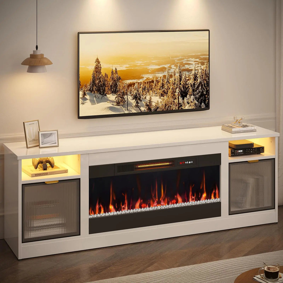 Bestier LED Fireplace TV Stand - 70" Wide Fit, 70 Inches/75"80" TV Ready, 36" Electric Fireplace with Heat + Ambience, High Gloss Modern Media Console with Storage Cabinet for Living Room Bedroom, White Bestier