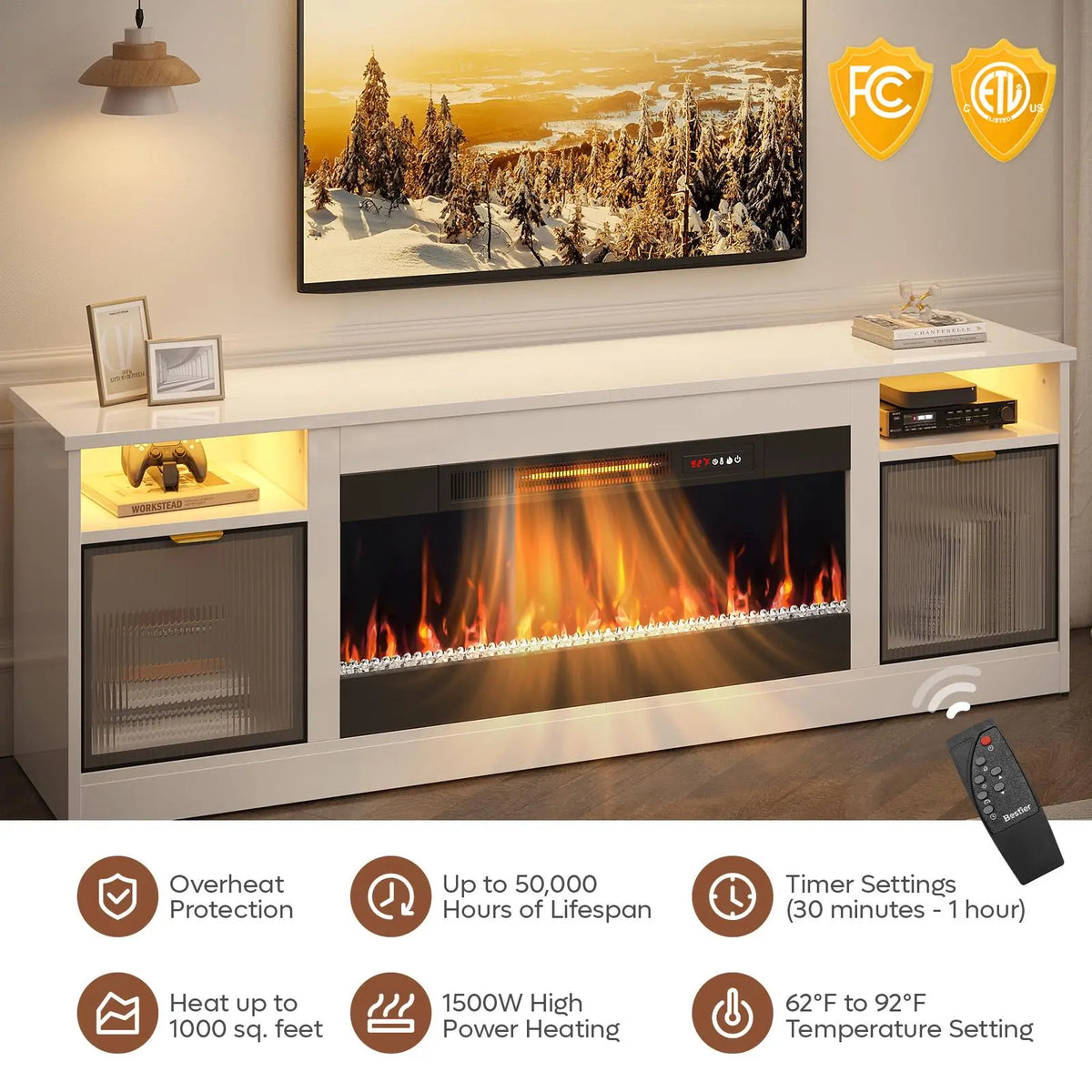 Bestier LED Fireplace TV Stand - 70" Wide Fit, 70 Inches/75"80" TV Ready, 36" Electric Fireplace with Heat + Ambience, High Gloss Modern Media Console with Storage Cabinet for Living Room Bedroom, White Bestier