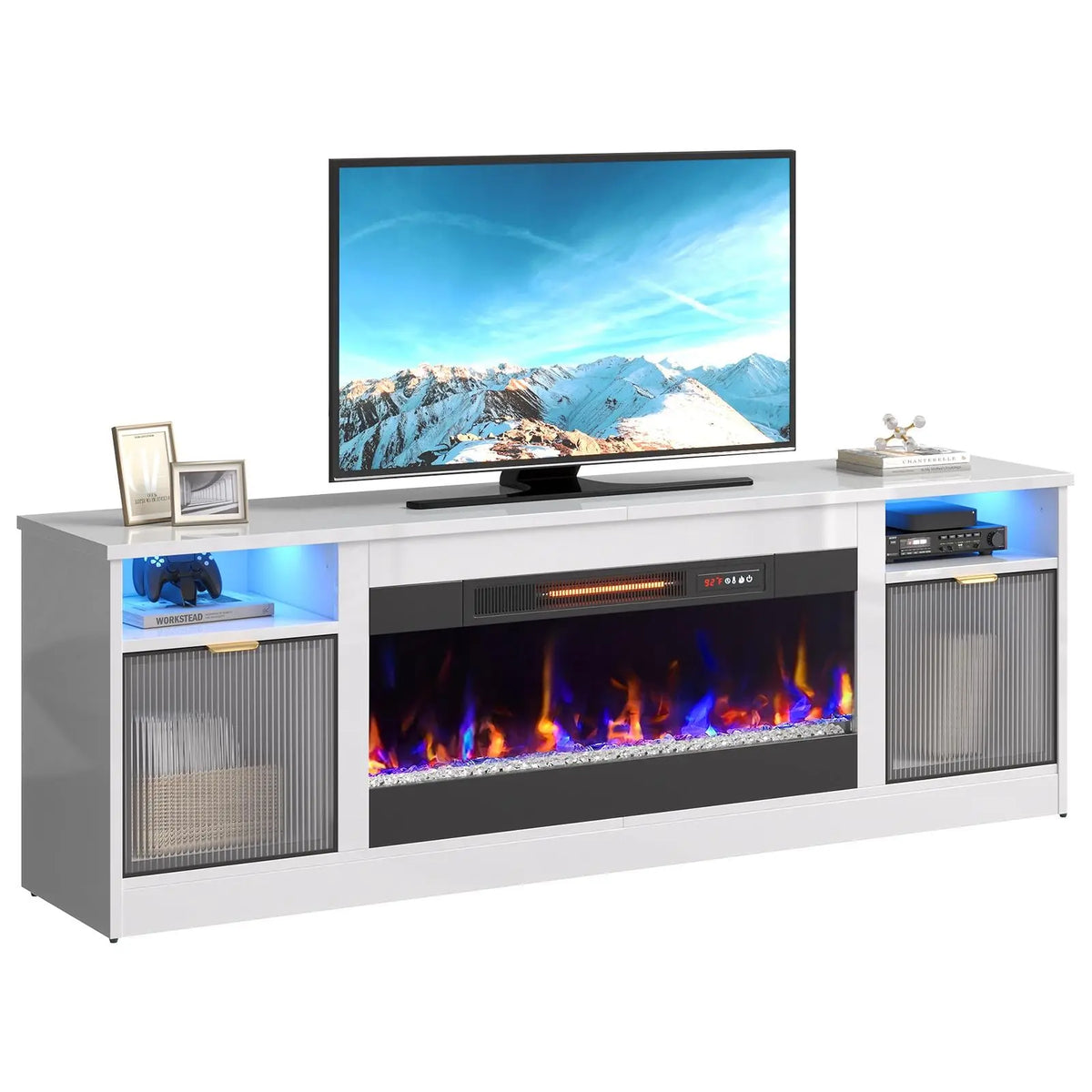 Bestier LED Fireplace TV Stand - 70" Wide Fit, 70 Inches/75"80" TV Ready, 36" Electric Fireplace with Heat + Ambience, High Gloss Modern Media Console with Storage Cabinet for Living Room Bedroom, White Bestier