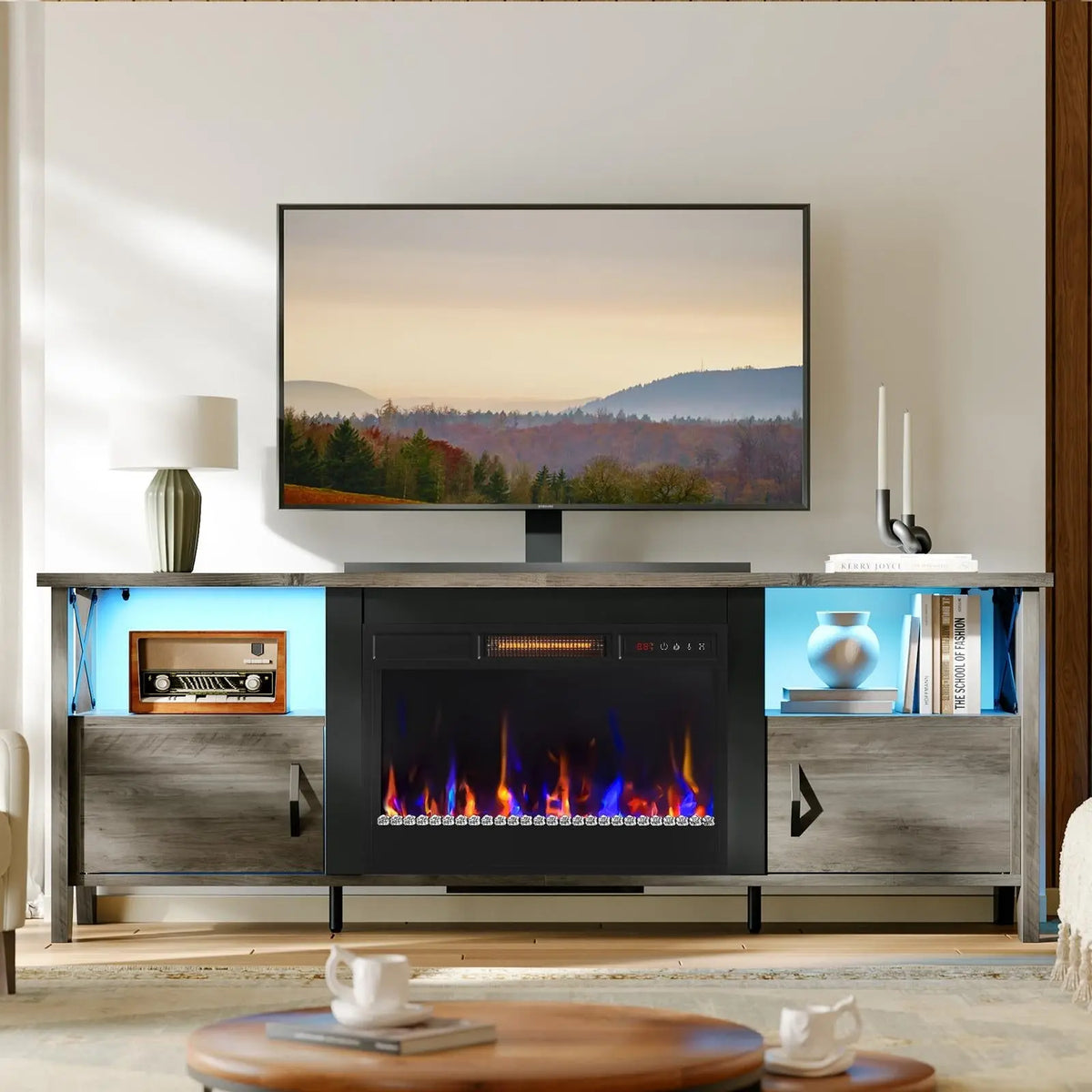 Bestier 63" Fireplace TV Stand (Fits TVs Up to 70"), Indoor Furniture LED Gaming Center with 18" Fireplace & Storage Shelves for Living Room, Fireplace Tv Stands Bestier