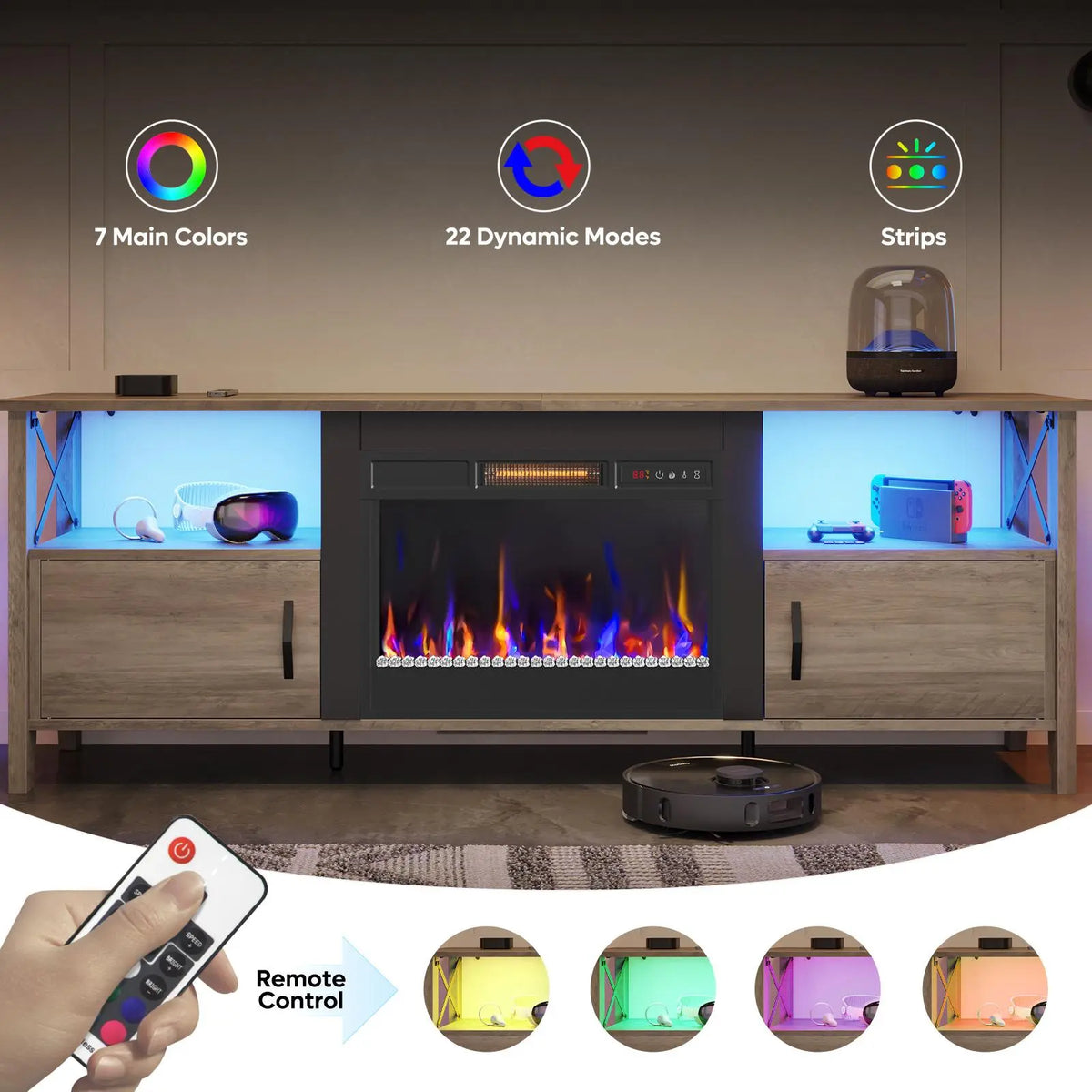 Bestier 63" Fireplace TV Stand (Fits TVs Up to 70"), Indoor Furniture LED Gaming Center with 18" Fireplace & Storage Shelves for Living Room, Fireplace Tv Stands Bestier