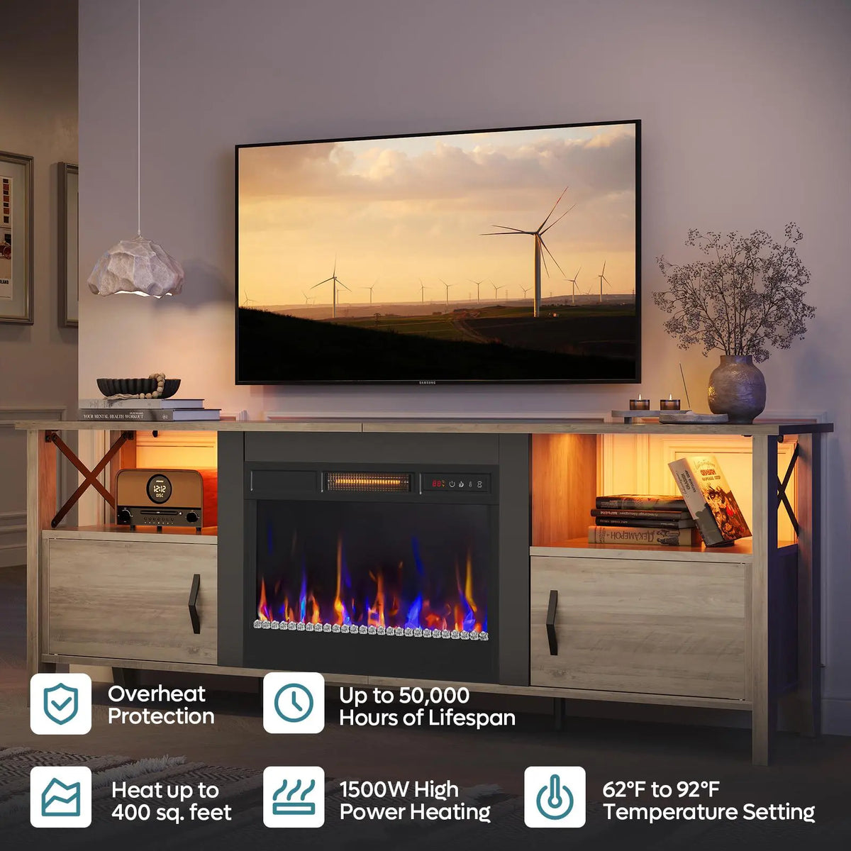 Bestier 63" Fireplace TV Stand (Fits TVs Up to 70"), Indoor Furniture LED Gaming Center with 18" Fireplace & Storage Shelves for Living Room, Fireplace Tv Stands Bestier