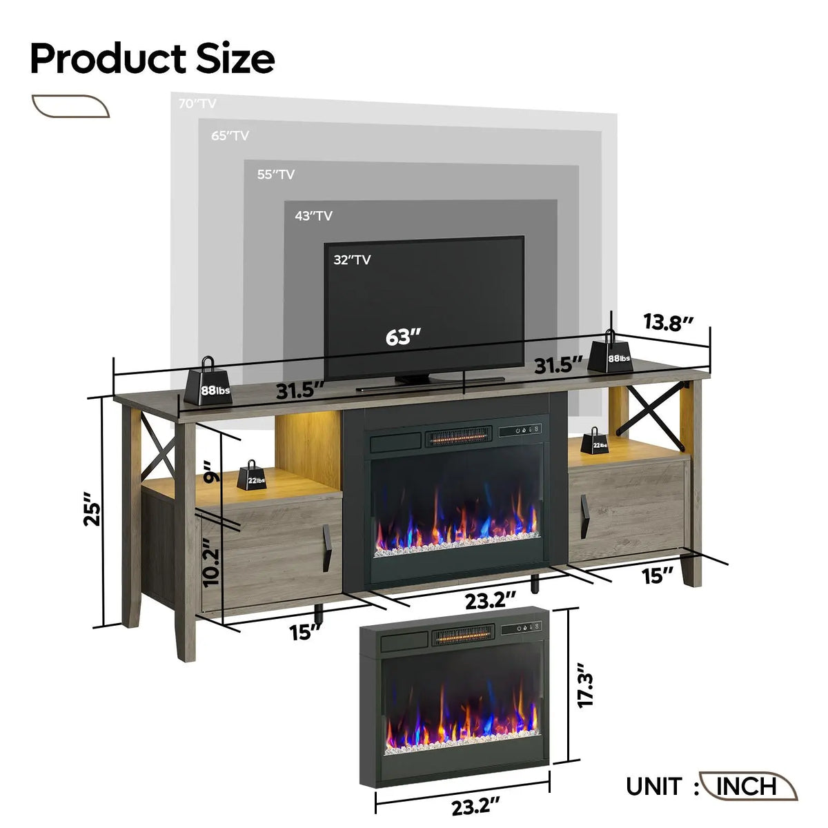 Bestier 63" Fireplace TV Stand (Fits TVs Up to 70"), Indoor Furniture LED Gaming Center with 18" Fireplace & Storage Shelves for Living Room, Fireplace Tv Stands Bestier