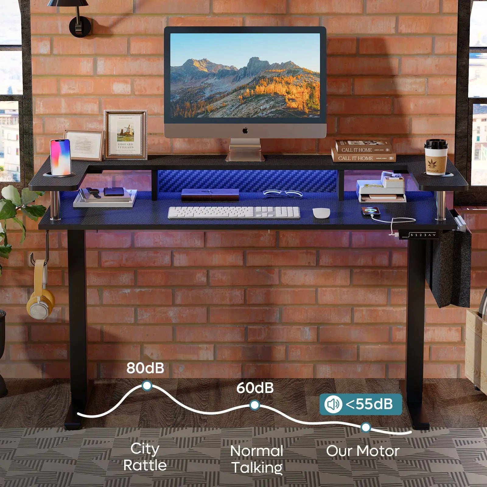 Bestier 58" standing desk with blue LED, monitor stand, side hook, and quiet motor graphic (<55dB).