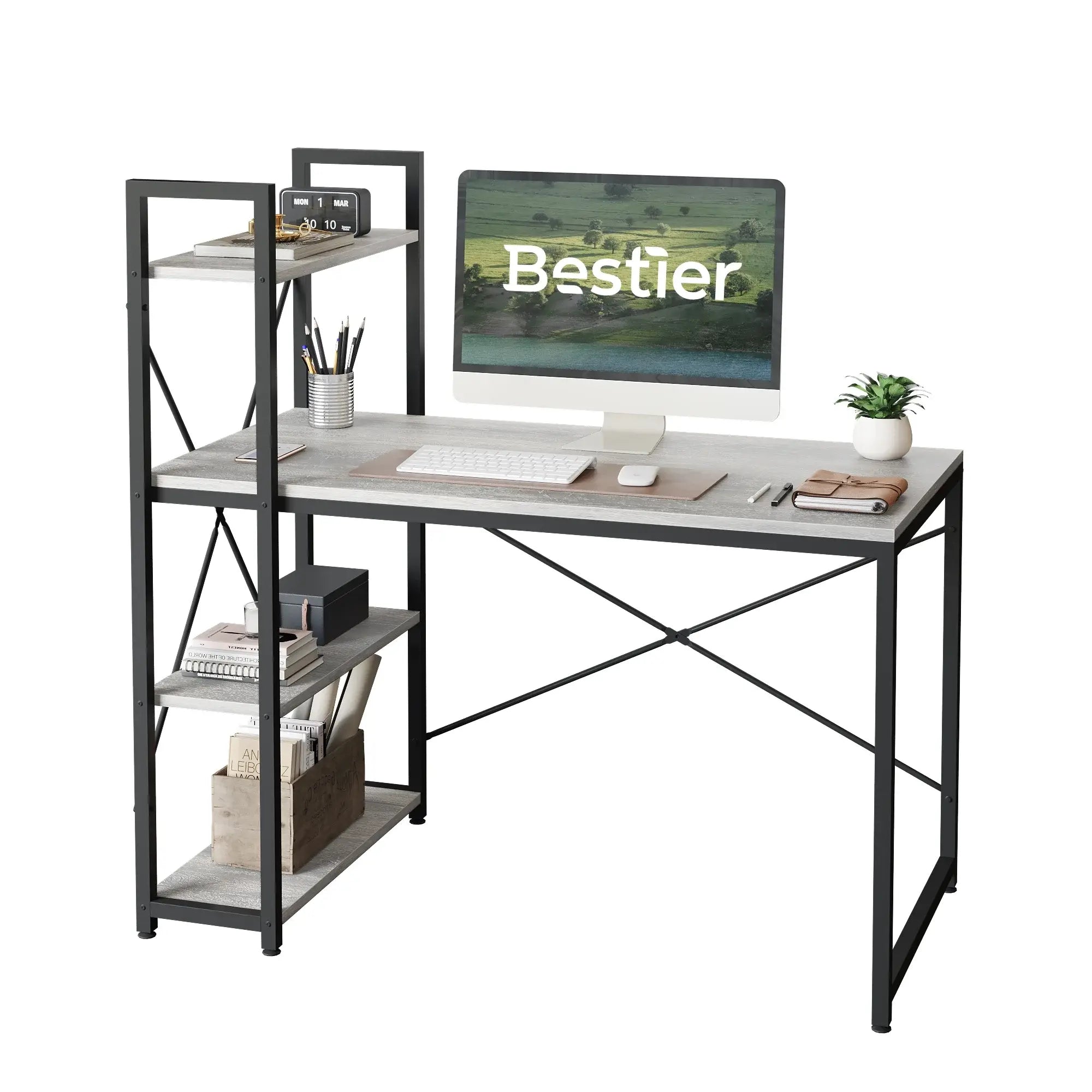 Bestier 47''Small Computer Desk with Shelves for Home Office in Wash White - Bestier