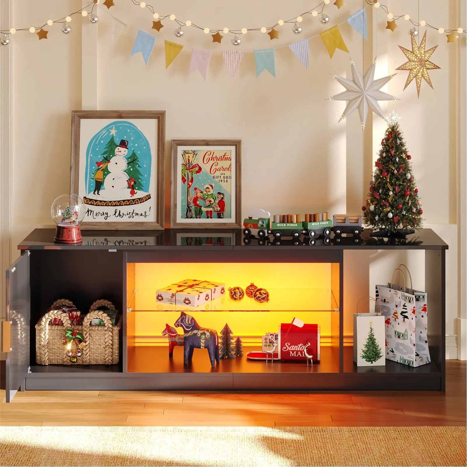 Bestier Fluted TV Stand for TVs up to 65 inch with LED Lights, High Glossy Entertainment Center with Storage Cabinet & Shelves Bestier