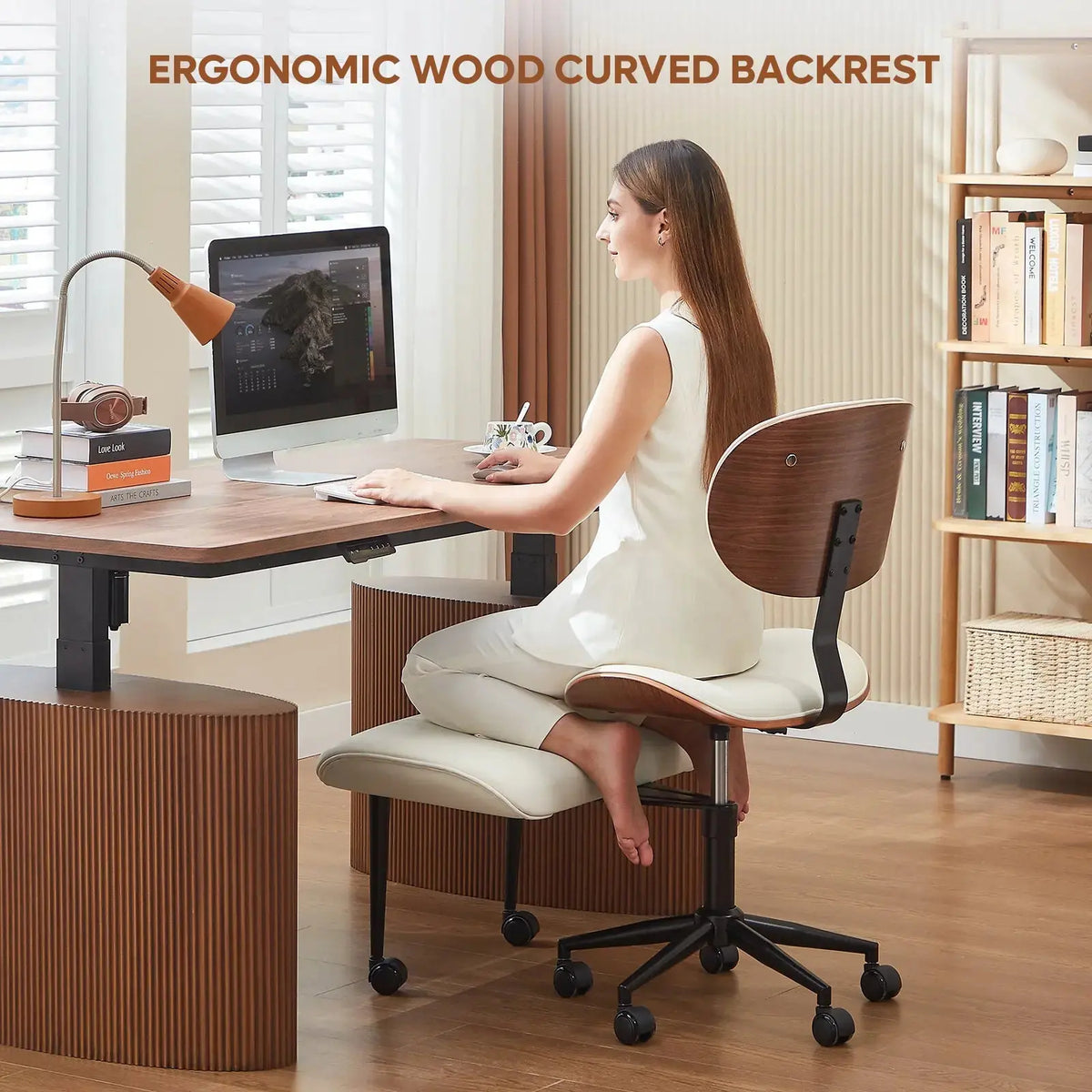 Ergonomic cross-legged office chair, PU leather, curved wood backrest. ADHD, yoga, swivel seat.