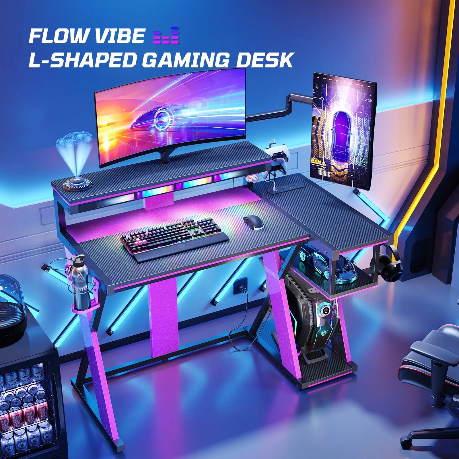 42-inch L-shaped Gaming Desk with RGB Music Sync Lights, 3 AC Outlets & Dual Cup Holders, Black Purple Bestier