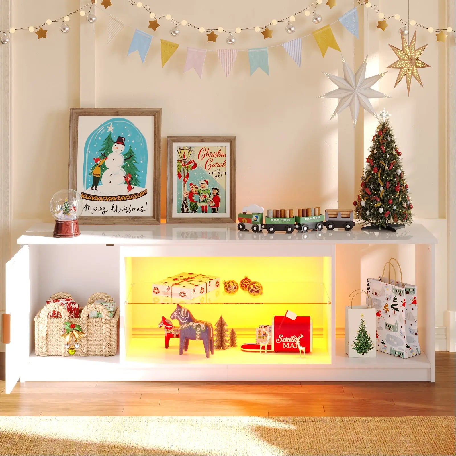Bestier Fluted TV Stand for TVs up to 65 inch with LED Lights, High Glossy Entertainment Center with Storage Cabinet & Shelves Bestier