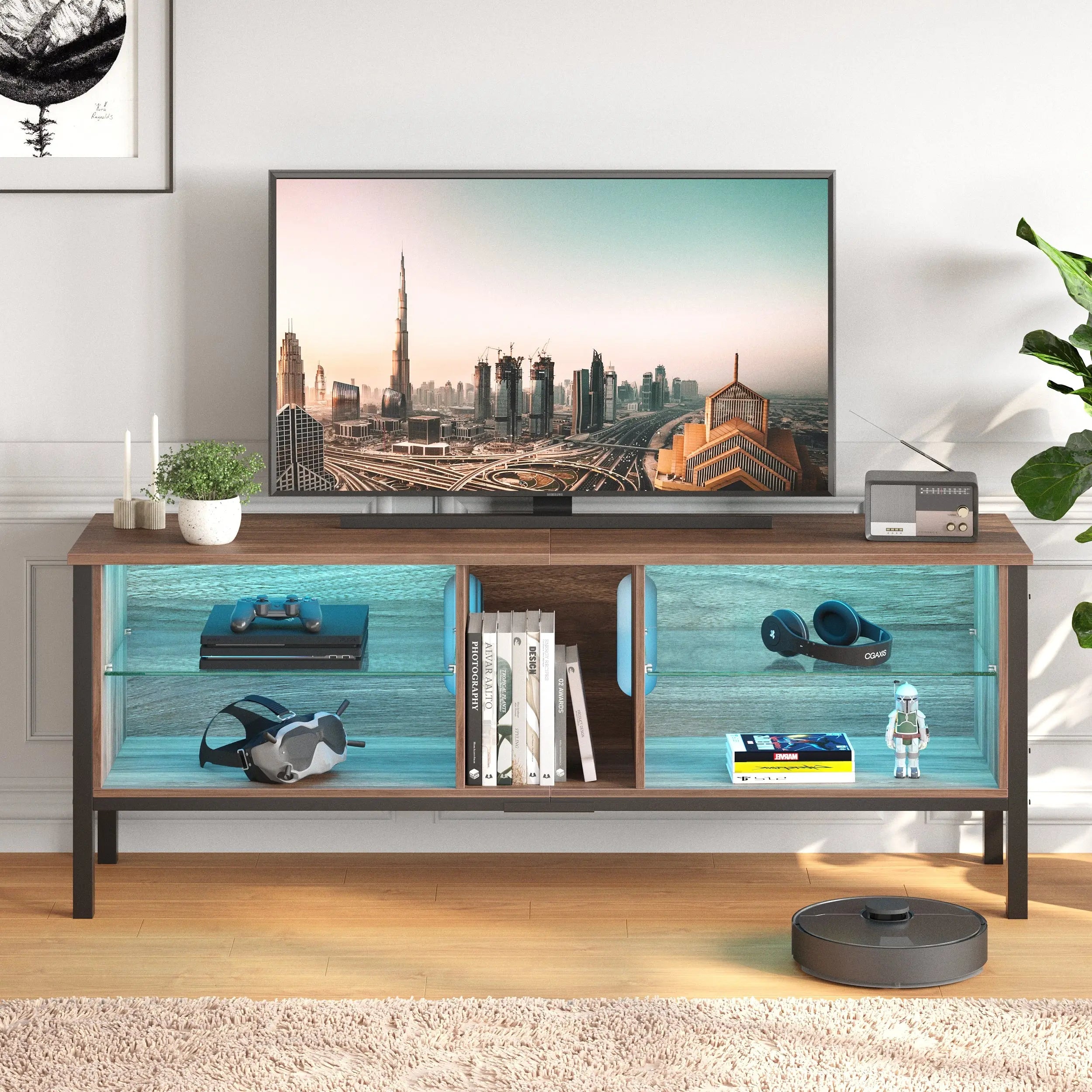 65 inch TV Stands for Living Room, Modern TV Console with Glass Shelves & LED Lights, Entertainment Center with Storage for Bedroom Bestier