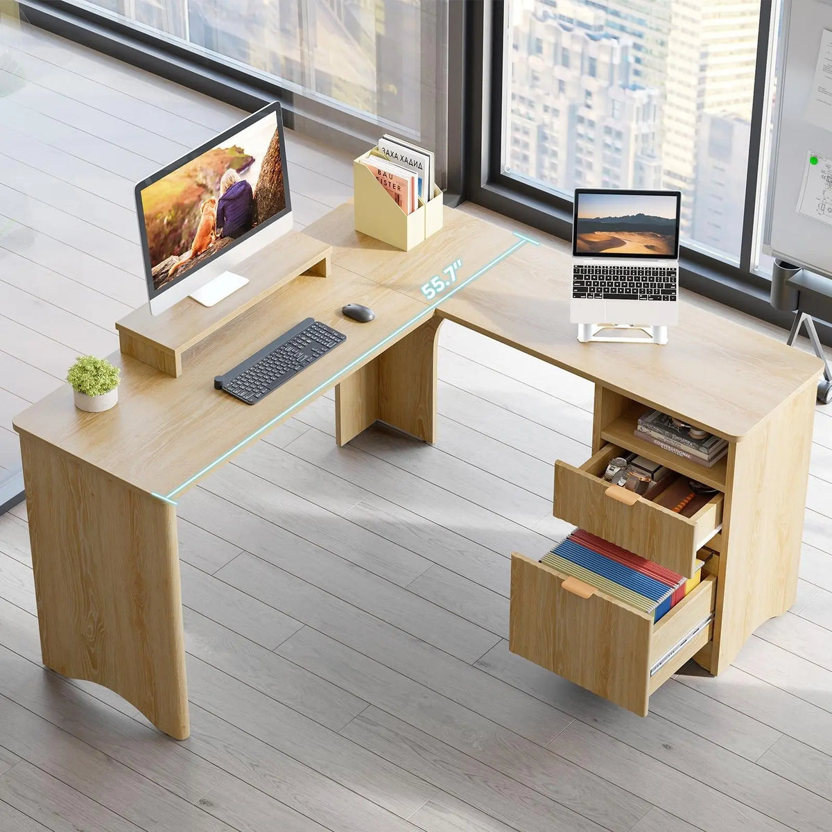 BESTIER Adjustable L-Shaped Ergonomic Gaming PC Desk - Office Furniture with Monitor Stand, A4 Drawer Fit, Open Shelf, Posture Support, Dual Monitor Compatibility, Sturdy Desks & Workstations, Assembly Required, Home Office Use Bestier