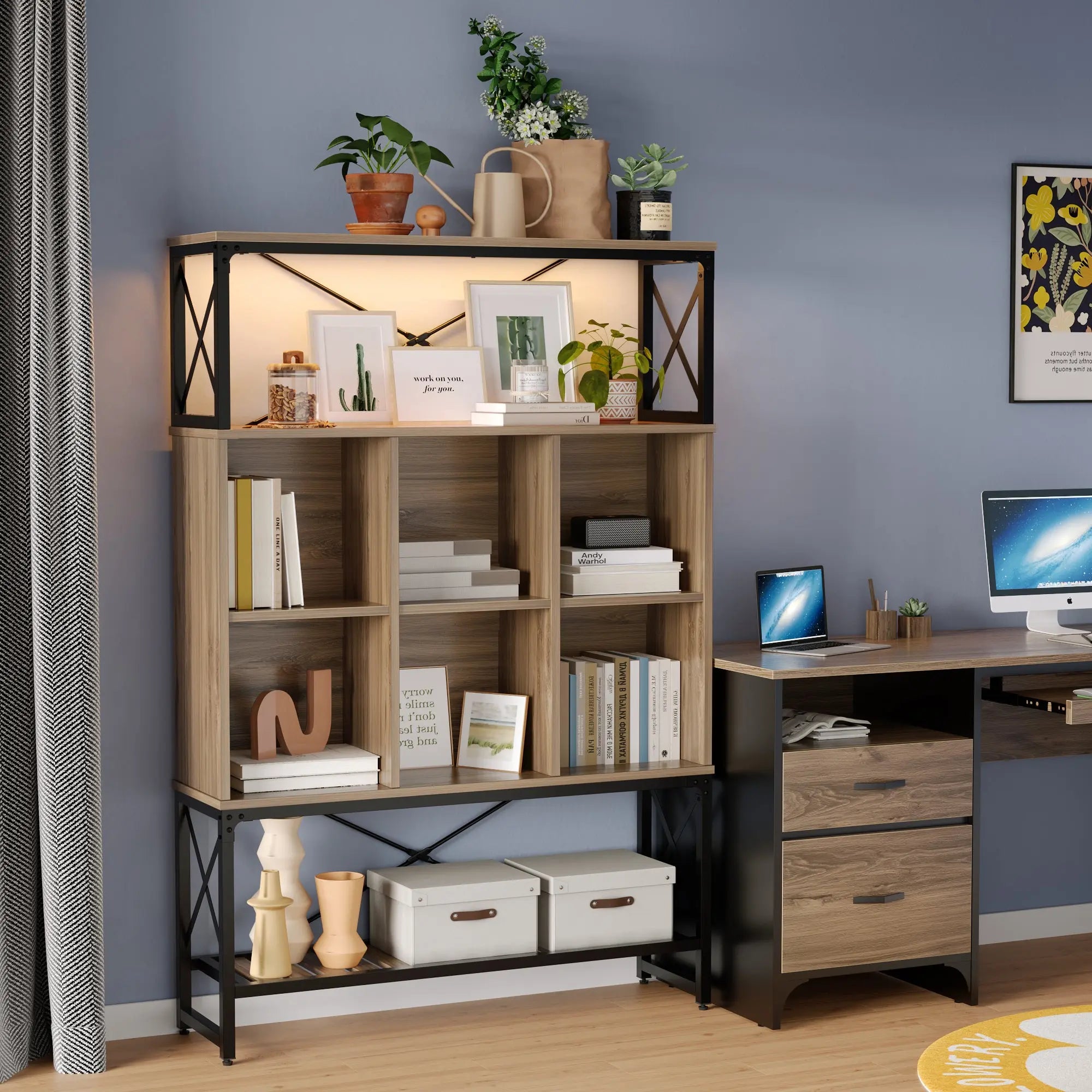 Bookcase with 6 Cubes, Adjustable Shelves, RGB Lights & X-Frame - Farmhouse Style Bestier