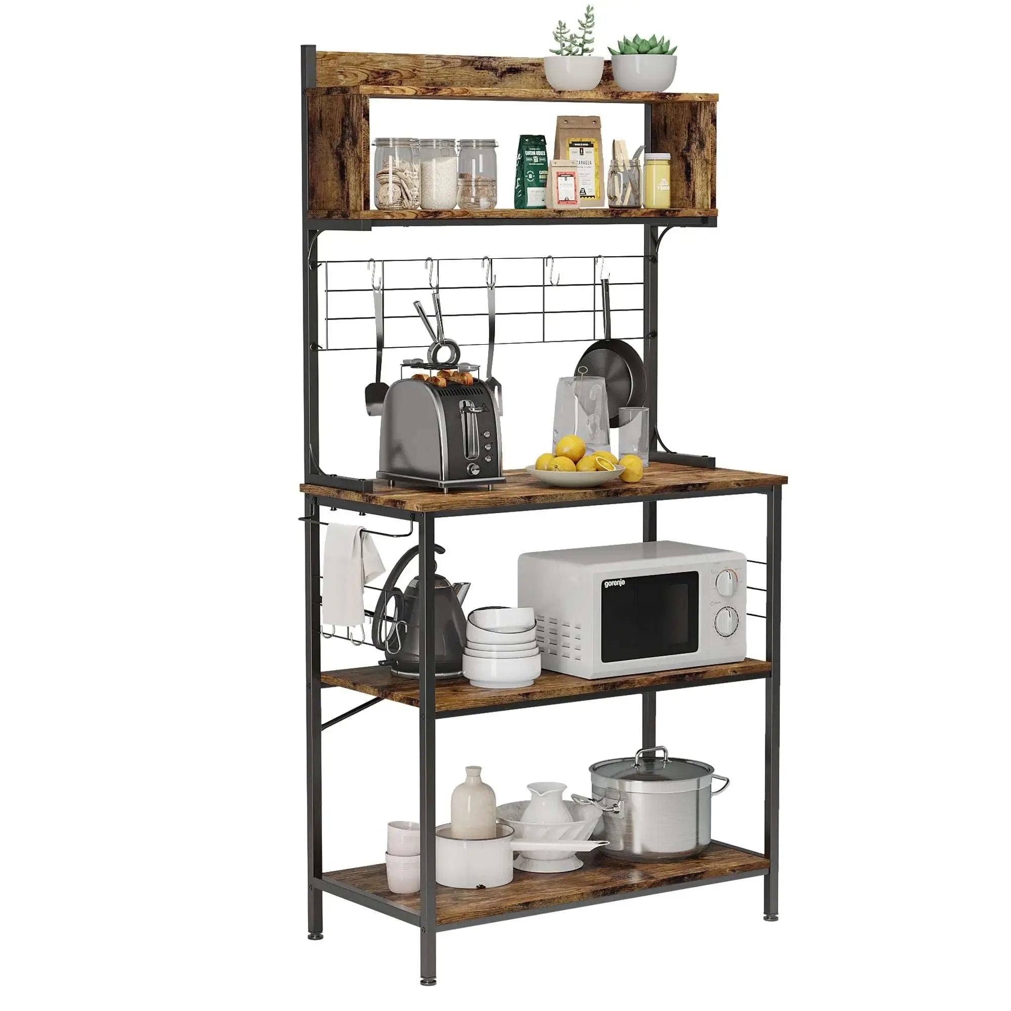 5-Tier Kitchen Rack Stand of Rustic Brown with Mesh Panel