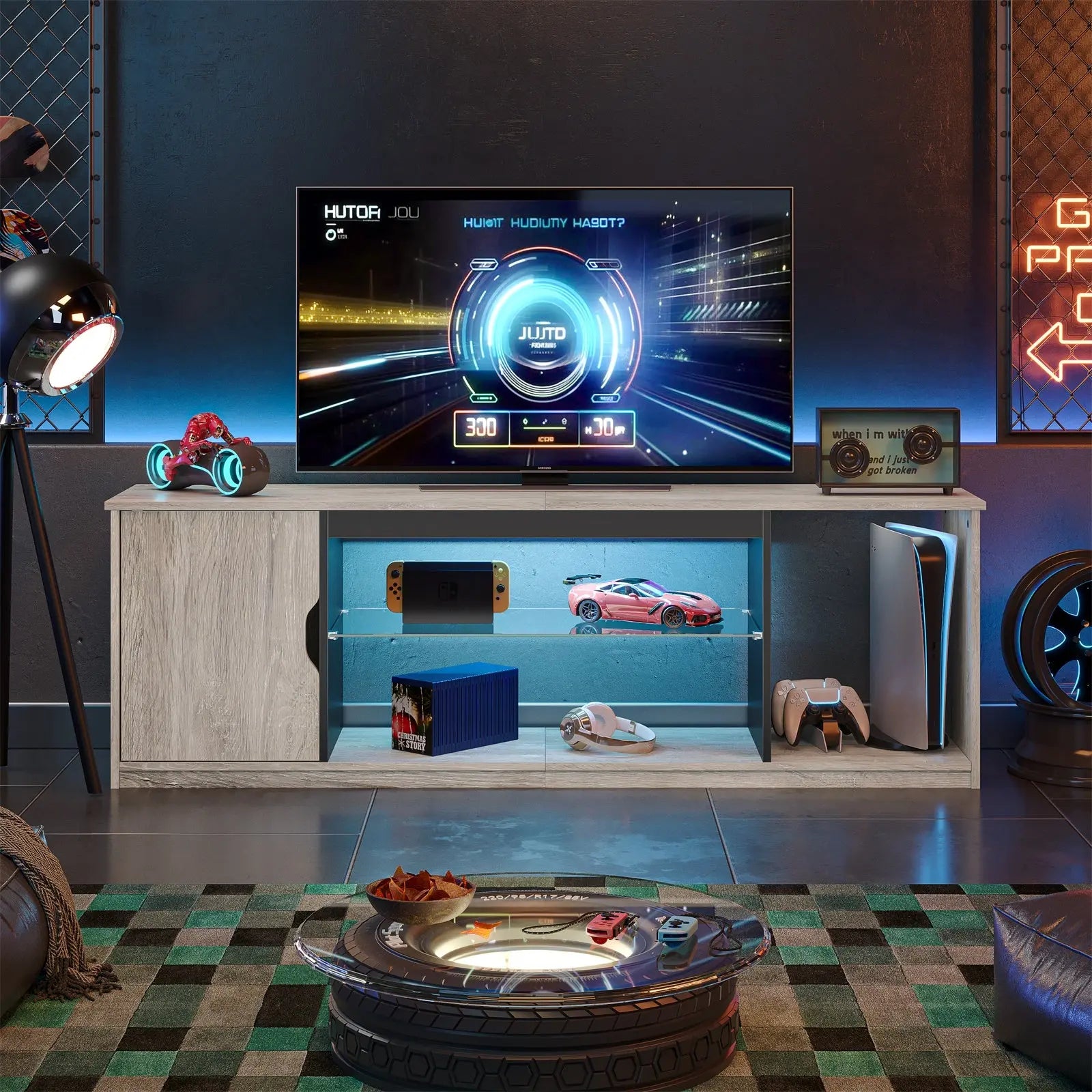 57-inch Gaming TV Stand with RGB Lights, Adjustable Glass Shelves & PS Console Storage Bestier