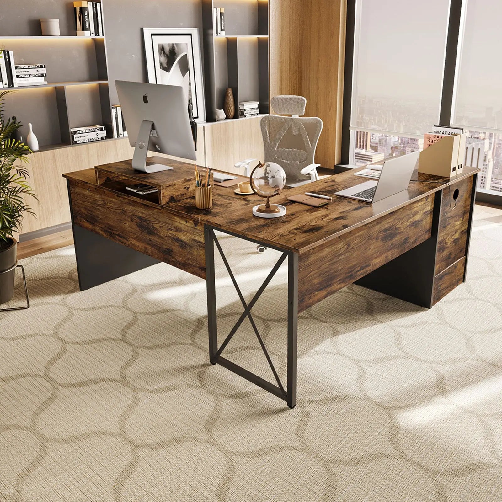 Bestier 56-inch L-Shaped Computer Desk with Drawers and Monitor Stand Bestier