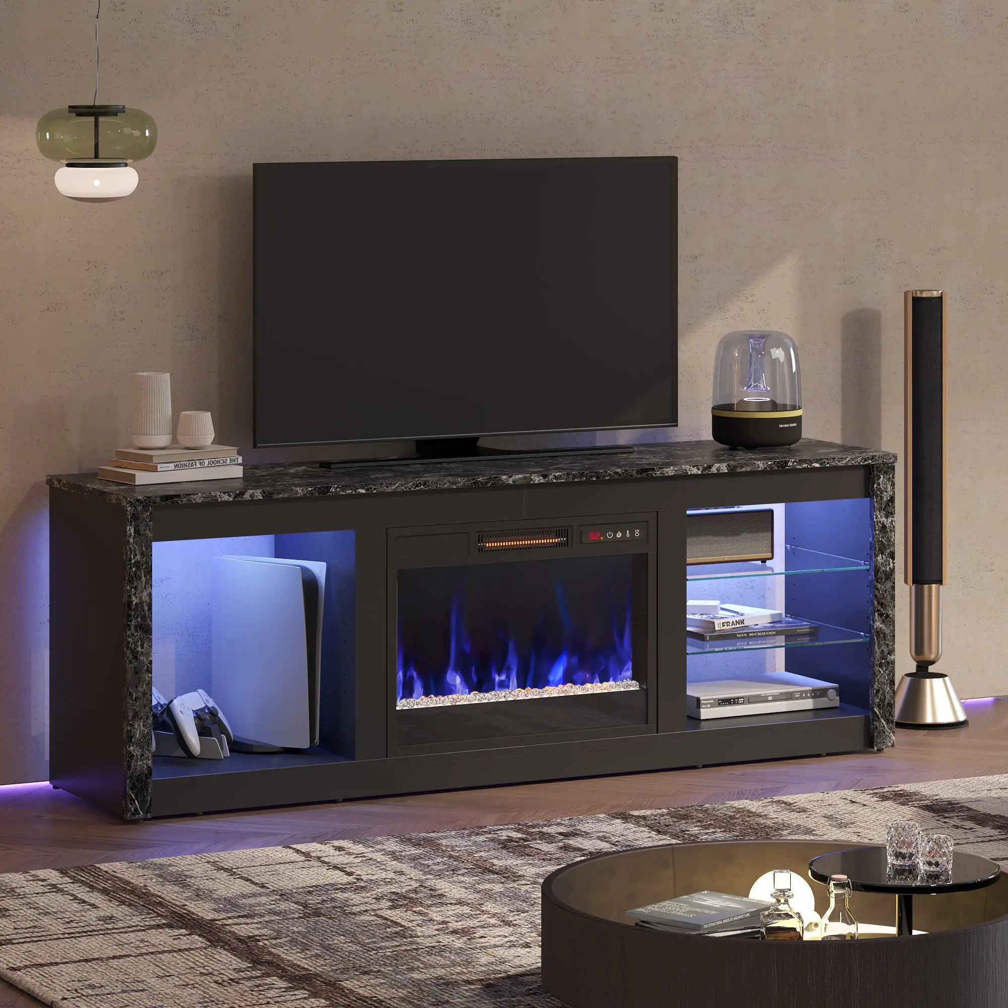 Bestier Modern Electric Fireplace TV Stand for TVs up to 55", with LED and Glass Shelves Bestier