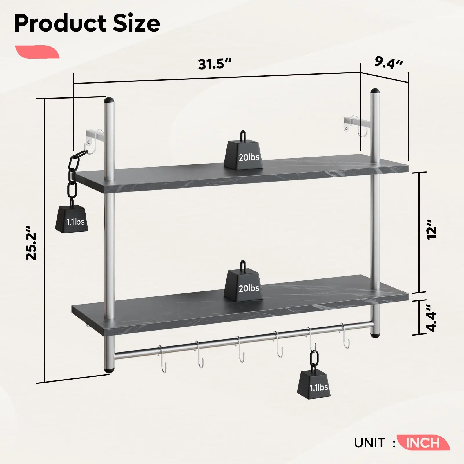 Bestier Industrial 2-Tier Wall-Mounted Bookshelf Plant Stand Shelf Baker's Racks with 8 S-Hooks Bestier