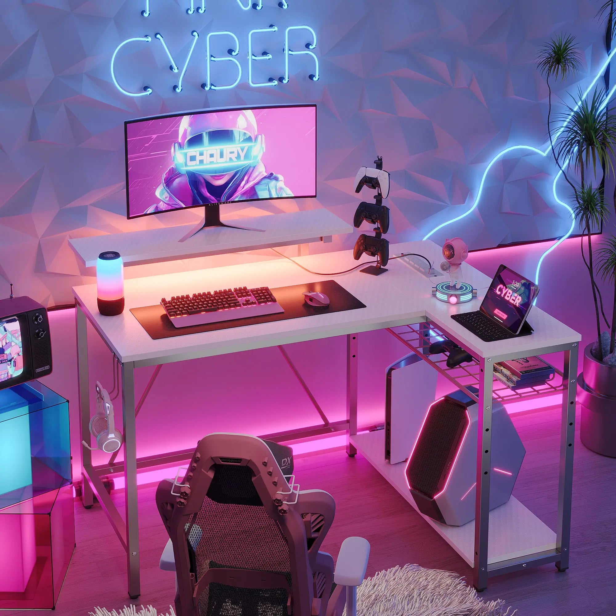 Bestier 42" Reversible L-Shaped Gaming Desk with Power Outlets LED Lights and Monitor Stand &Storage Shelves & Hooks for Bedrooms & Home Offices Bestier