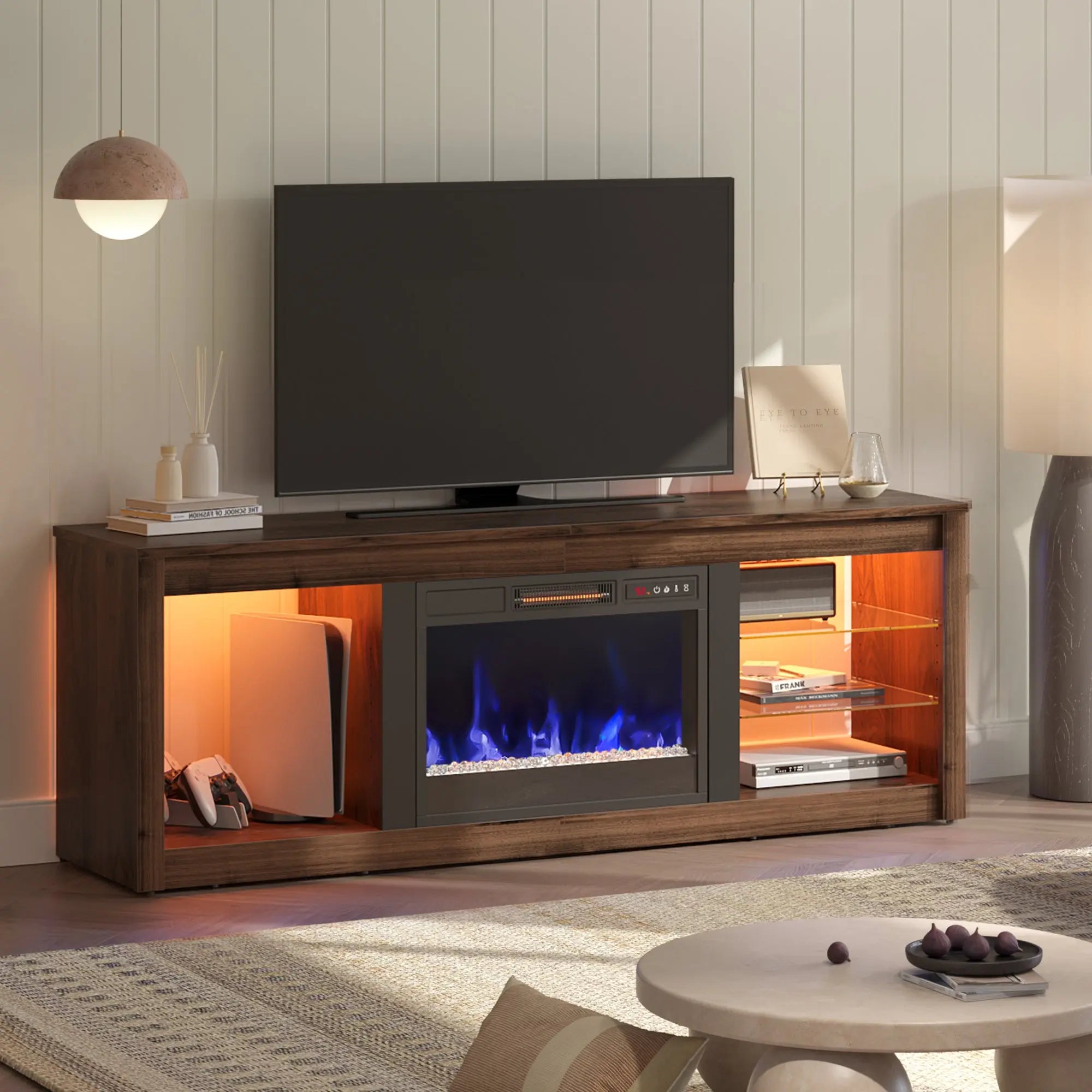 Bestier Modern Electric Fireplace TV Stand for TVs up to 55", with LED and Glass Shelves Bestier