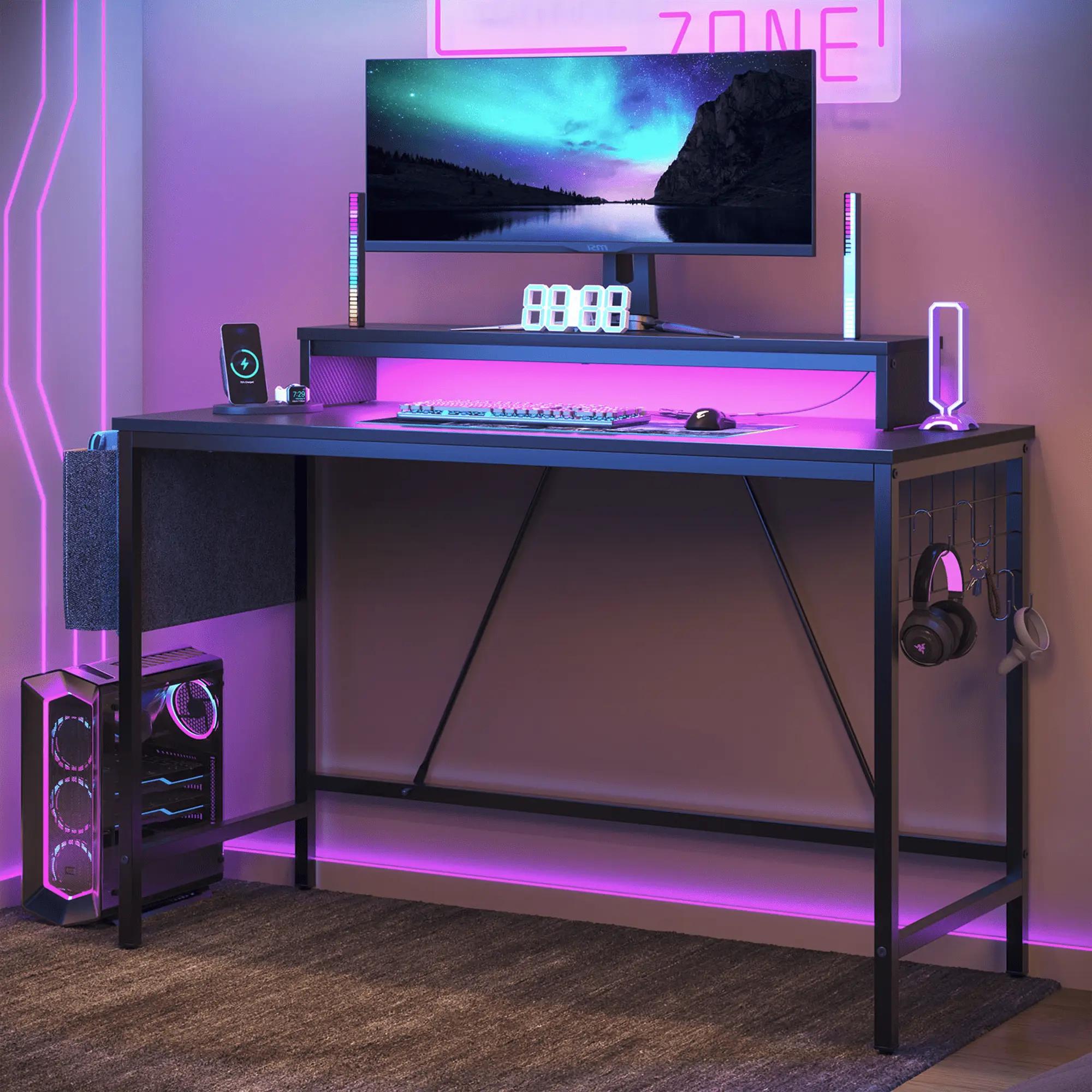 Bestier 41.7 inch Gaming Desk with LED Monitor Stand, Storage Pocket, Grid Side Frame, for Gaming Room and Home Office Bestier