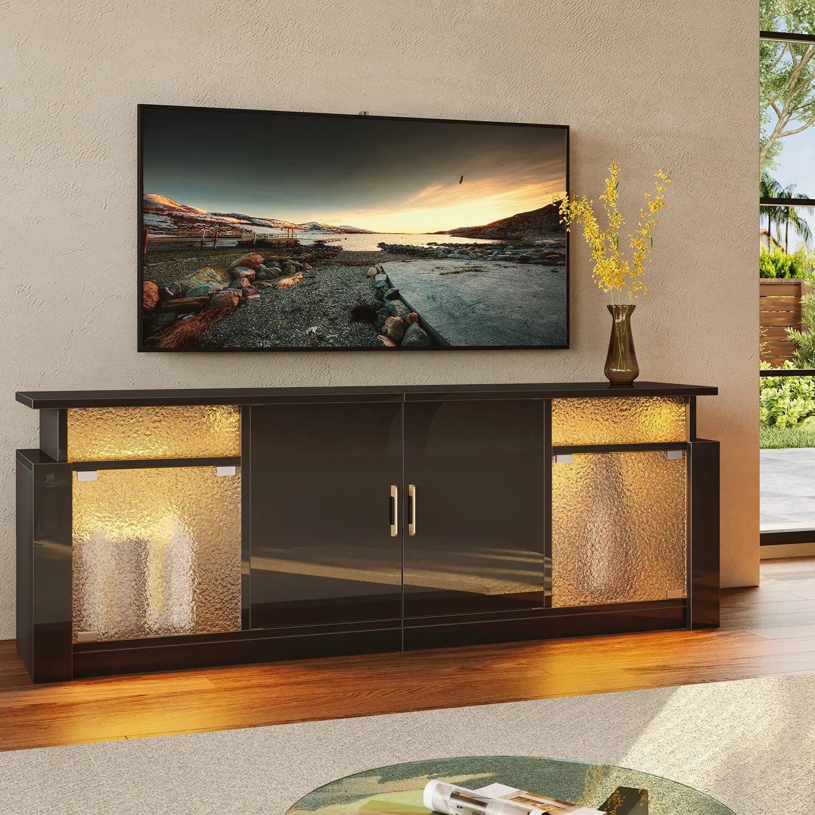 Modern TV Stand for 55-65" TVs, LED-Lit Entertainment Center with Adjustable Shelves, Enclosed Storage & Transparent Acrylic Doors for Living Room & Gaming Rooms Bestier
