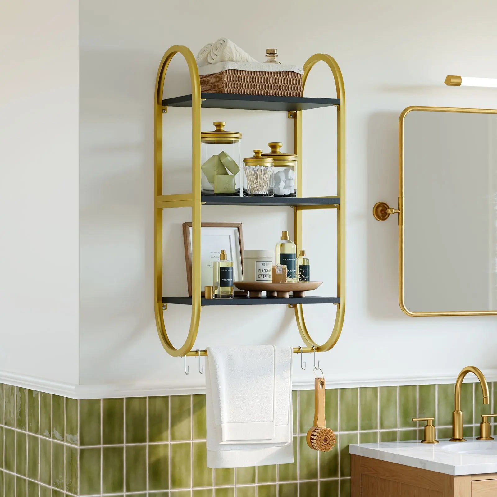 3-Tier Floating Wall Shelves with Towel Bar & Hooks - Versatile Home Storage Bestier