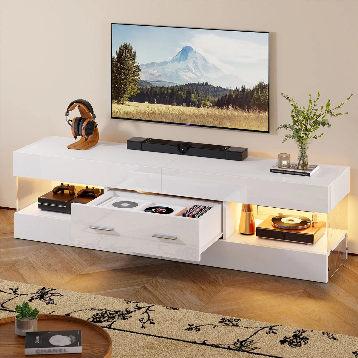 Bestier 60" High Gloss RGB LED TV Stand - Engineered Wood Minimalist Modern Media Console, Pull-Out Storage Drawer, Ripple Texture Acrylic Side Panels, Supports 65" TV, Man Cave Furniture Bestier