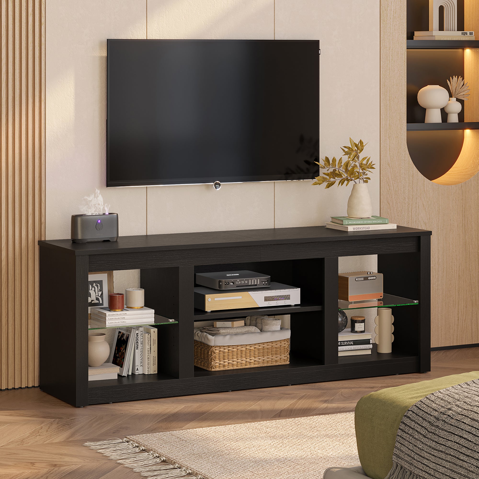 Bestier LED TV Stand for TVs up to 70", Entertainment Center with Storage Shelves, Black