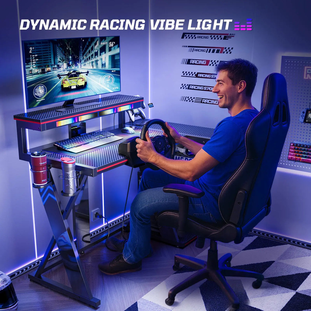 L-Shape Gaming Desk | RGB Sync, Power Outlets, Cup Holders