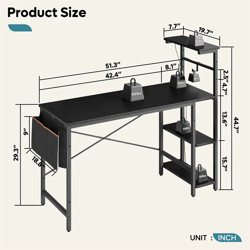 the size of  black 51 Inch Gaming Desk with 4 Tiers Shelves & Storage Bag - Bestier