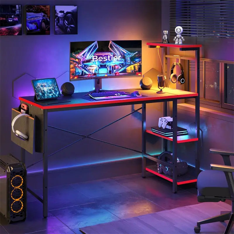 Bestier 51 Inch Gaming Desk of Black Carbon Fiber with 4 Tiers Shelves & Storage Bag