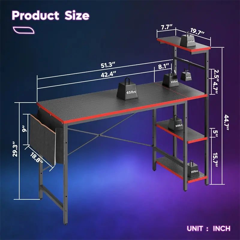 the size of Black Carbon Fiber 51 Inch Gaming Desk with 4 Tiers Shelves & Storage Bag - Bestier
