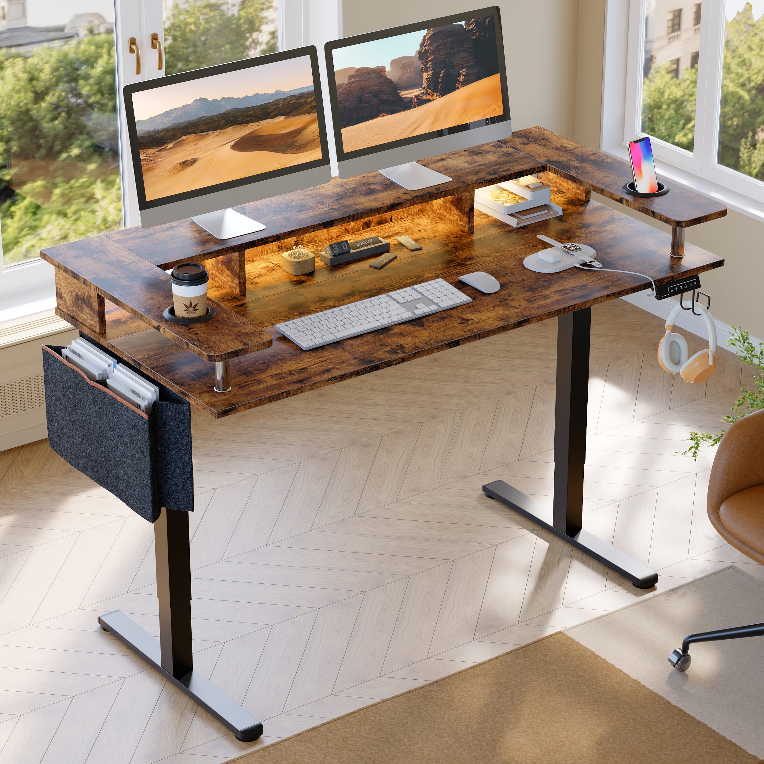 58 inch brown standing desk with monitor stand