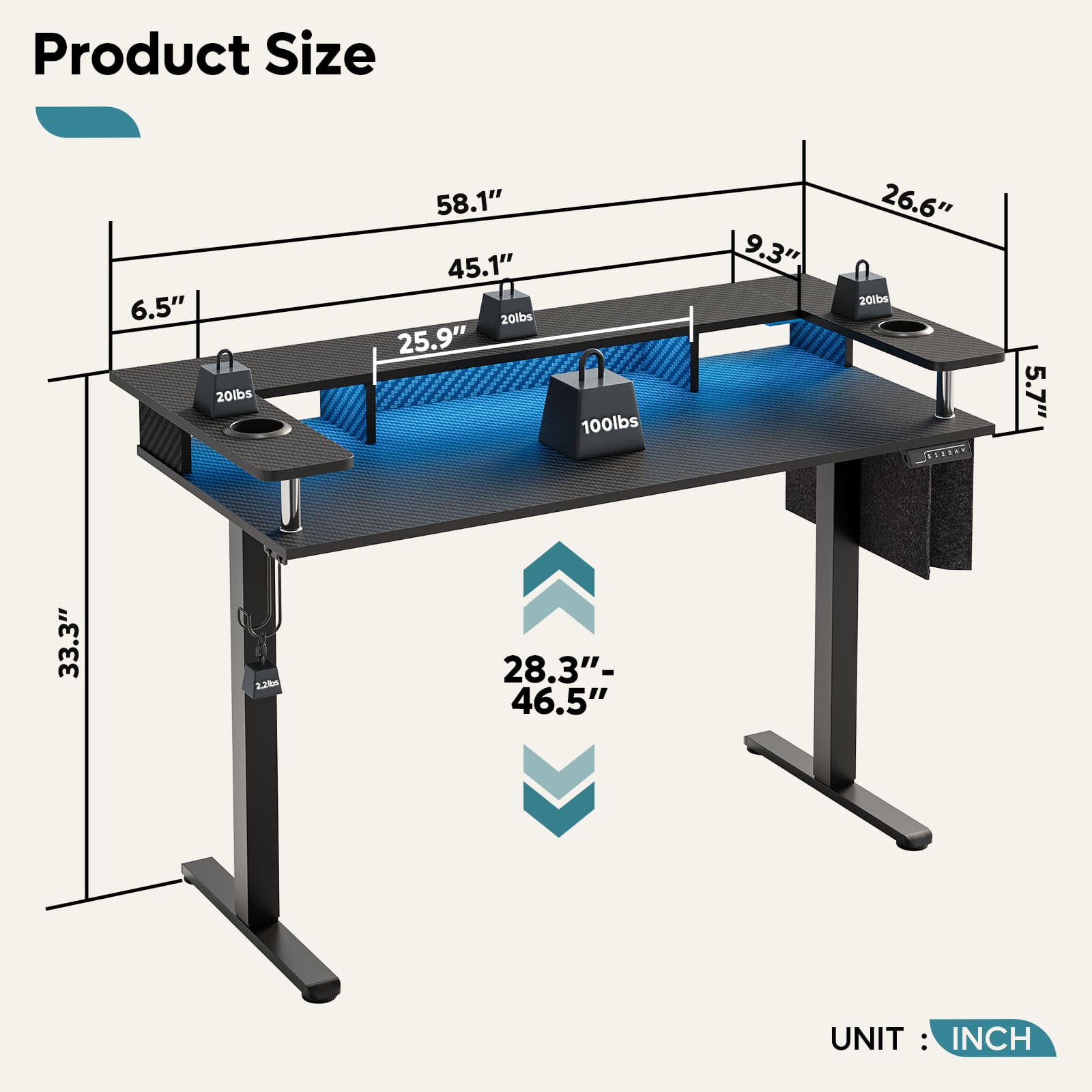 the size of this 58 inch led standing desk with monitor stand