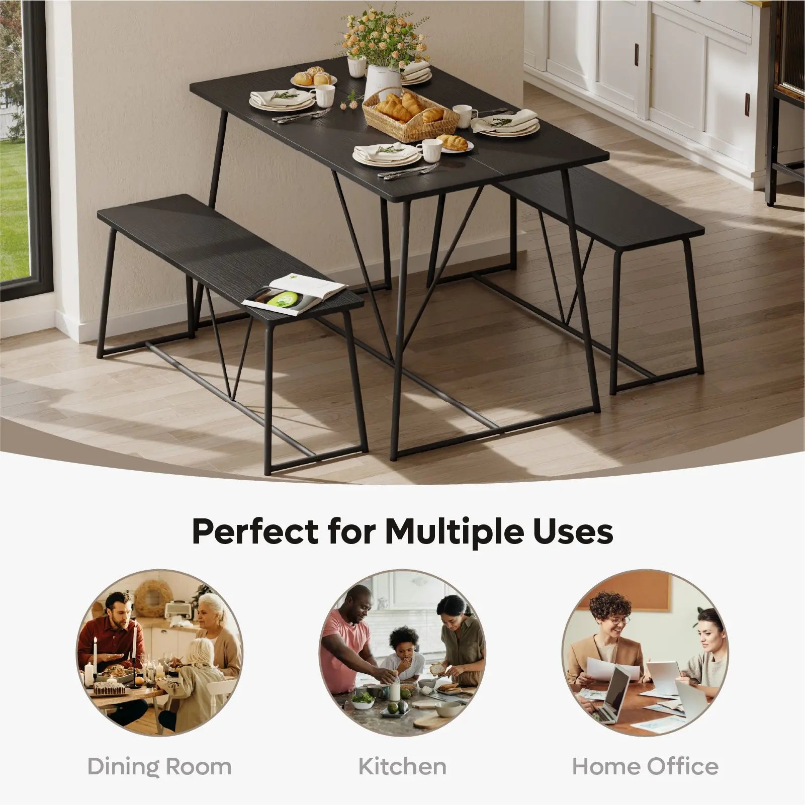 47.5 Inch Dining Table Set for 4, Modern Kitchen Room Table Set with 2 Benches, 3-Piece Dining Chairs Set for Breakfast Nook Bestier